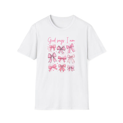 Powerful "God Says I Am" Christian T-Shirt for Women | Inspiring Bible Verse & Pink Bows Tee | Empowering Faith Gift