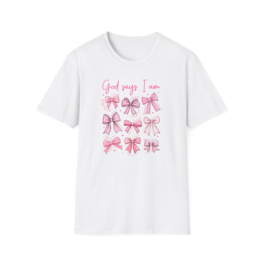 Powerful "God Says I Am" Christian T-Shirt for Women | Inspiring Bible Verse & Pink Bows Tee | Empowering Faith Gift