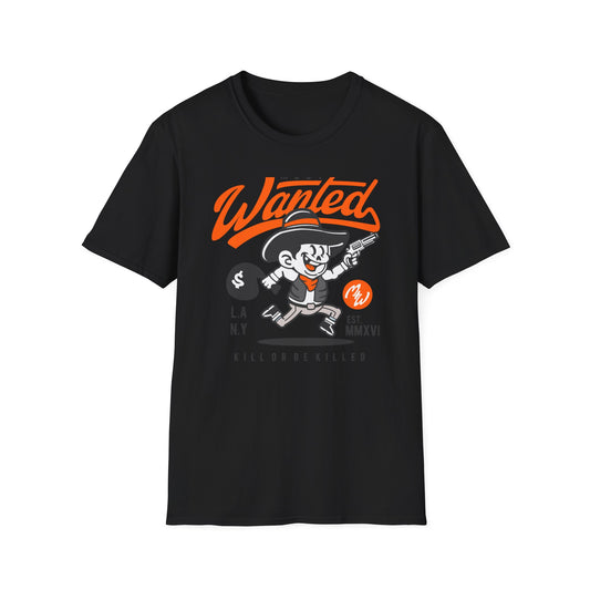 Most Wanted Urban Outlaw T-Shirt | Edgy Rebel Streetwear Tee with Cowboy, Gun & Money Bag Design. Unstoppable Style!