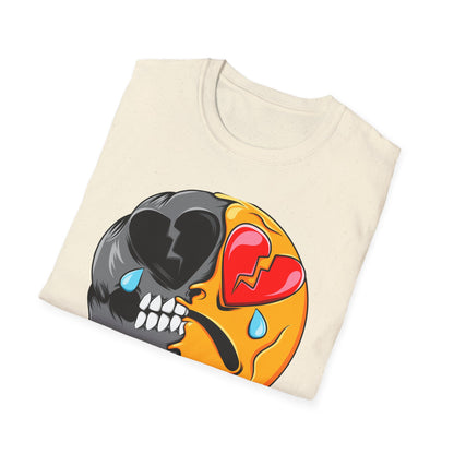 Unique Broken Heart Skull Emoji T-Shirt | Edgy Melted Sad Face Graphic Tee | Expressive Streetwear Statement