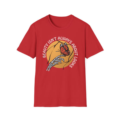Expressive Skeleton Hand & Monarch Butterfly T-Shirt | 'Beauty Isn't About Looks' Deep Meaning Art Tee