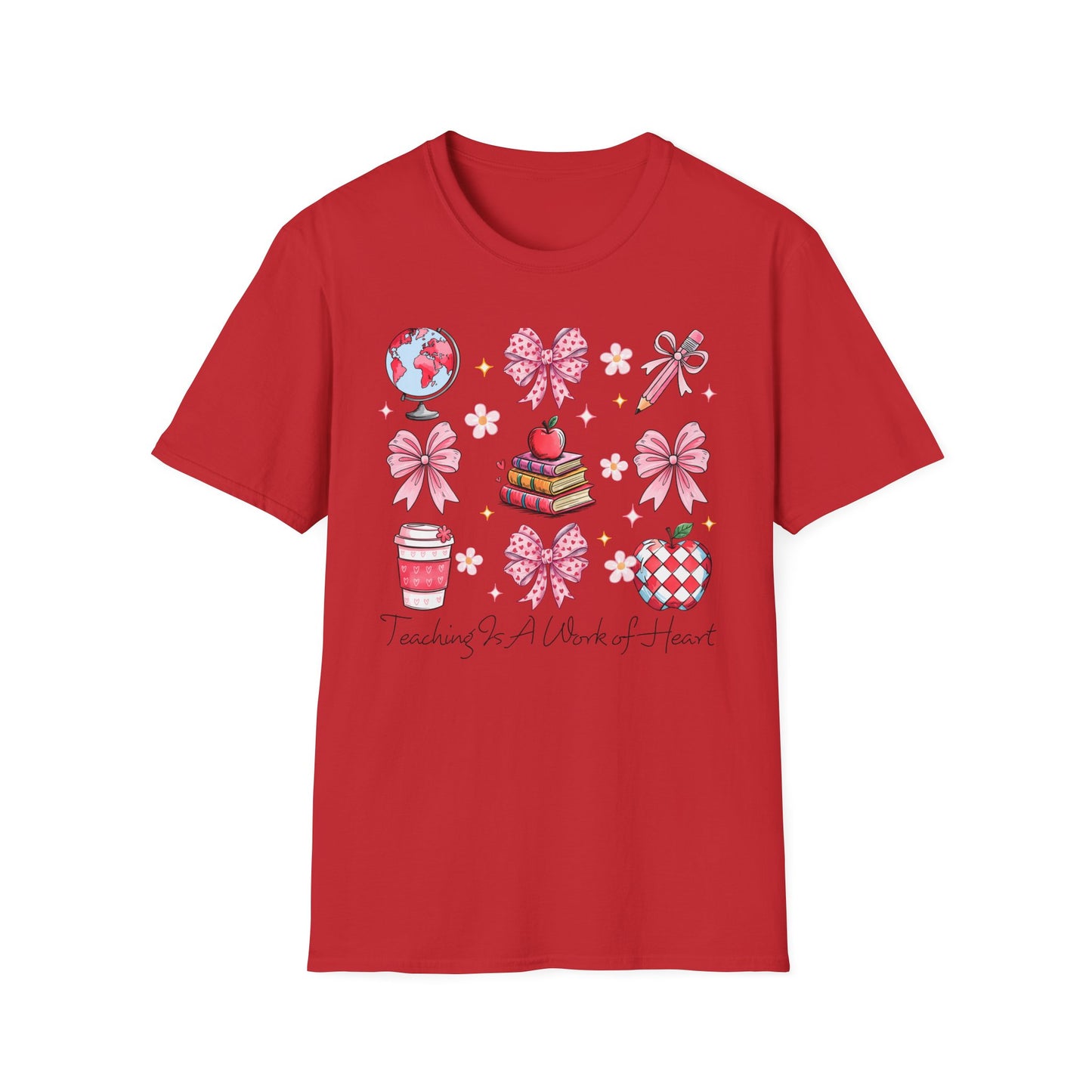 Awesome Teacher Appreciation T-Shirt | 'Teaching Is A Work of Heart' Tee | Cute School Supplies & Pink Bows Gift