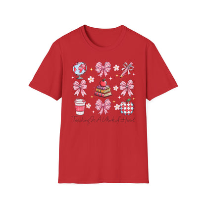 Awesome Teacher Appreciation T-Shirt | 'Teaching Is A Work of Heart' Tee | Cute School Supplies & Pink Bows Gift