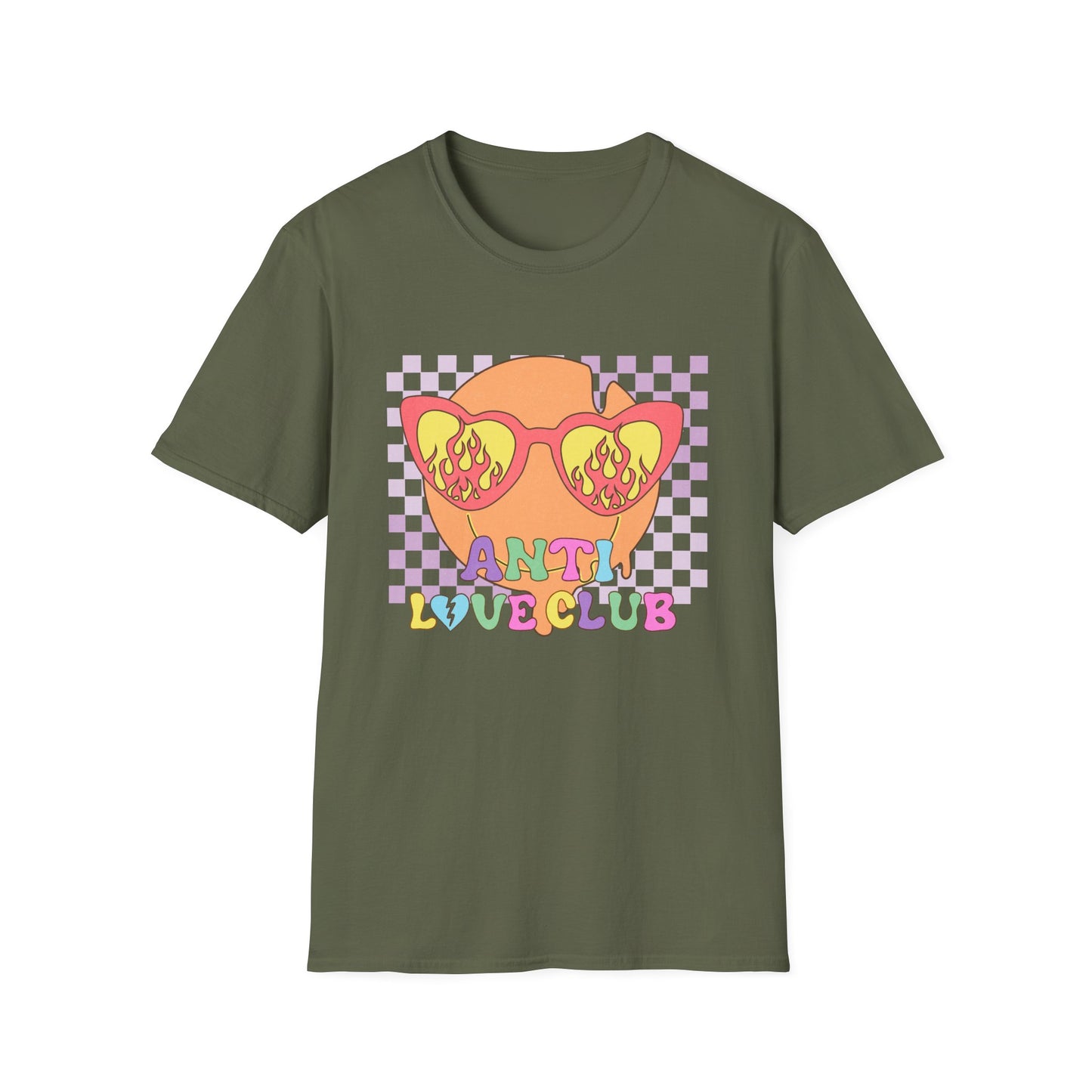 Anti Love Club T-Shirt | Edgy Retro Smiley Face & Flaming Heart Sunglasses | Trendy Grunge Y2K Aesthetic Tee