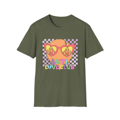 Unapologetic Anti Love Club T-Shirt | Edgy Broken Heart & Flame Sunglasses Tee | Retro Y2K Groovy Apparel