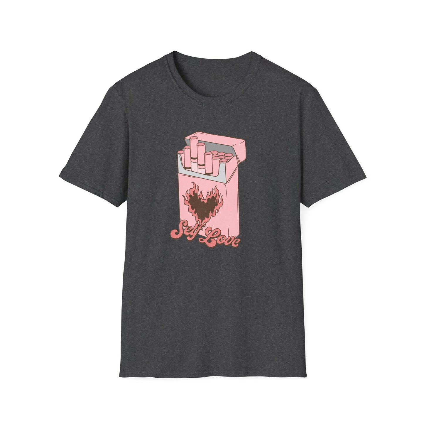 Unique Self Love T-Shirt | Pink Retro Cigarette Pack & Flaming Heart Design | Empowering Aesthetic Tee