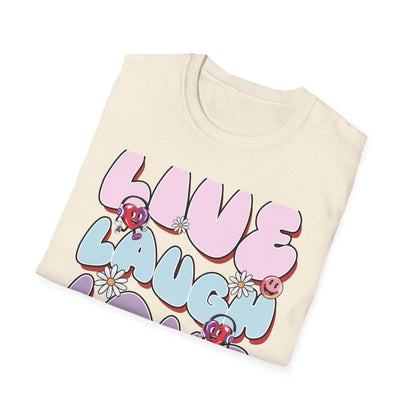 Vibrant Retro Live Laugh Love T-Shirt | Groovy Hearts & Smiley Faces Tee for Positive Vibes