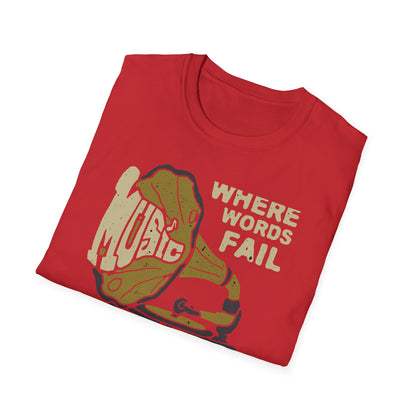 Expressive 'Where Words Fail Music Speaks' T-Shirt - Vintage Gramophone Design for Soulful Music Lovers