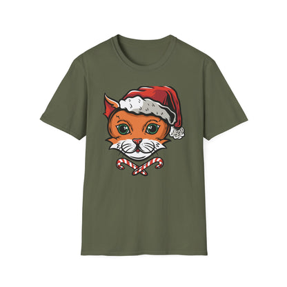 Festive Santa Cat T-Shirt with Candy Canes | Adorable Holiday Feline Tee | Purrfect Christmas Gift for Cat Lovers
