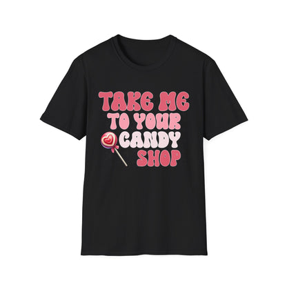 Sweet Retro Candy Shop T-Shirt | Groovy 'Take Me To Your Candy Shop' Tee with Heart Lollipop | Fun & Flirty Pop Culture Vibe