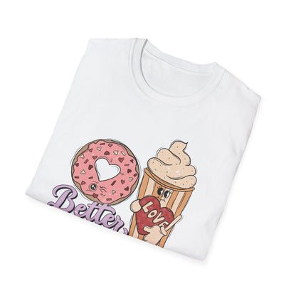 Adorable 'Better Together' Donut & Coffee Love T-Shirt | Retro Vintage Sweet Treat Couple's Tee | Perfect Valentine's Gift