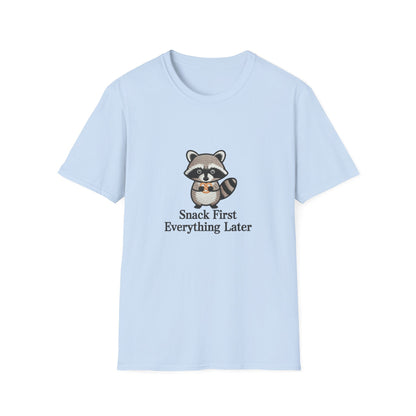 Cute Raccoon Pretzel T-Shirt - "Snack First Everything Later" Funny Foodie Animal Tee | Hilarious Comfort Lover Gift