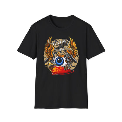 Epic Custom Culture T-Shirt | Bold Flaming Eye & Biker Wings Design | Unleash Your Rebel Spirit - Hot Rod Tee