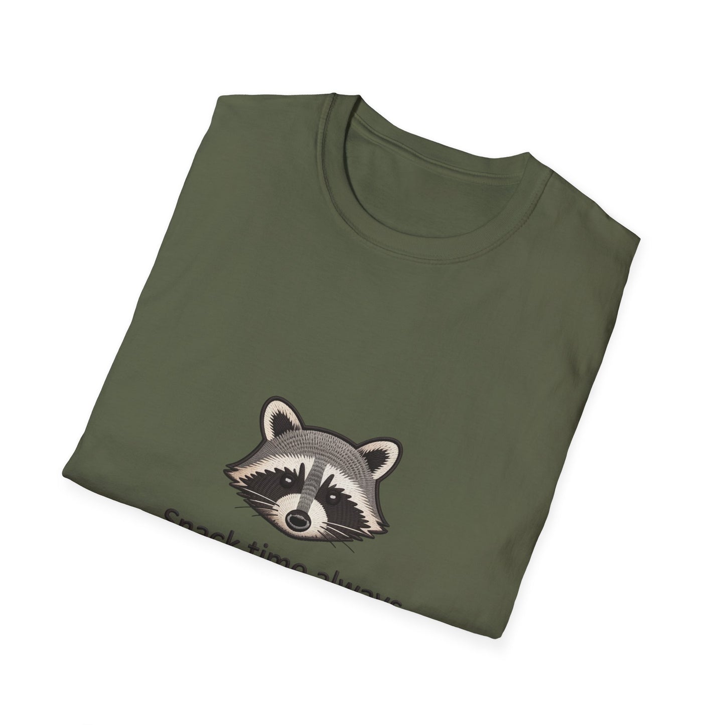 Hilarious Raccoon 'Snack Time Always' Embroidered T-Shirt | Cute Animal Lover Tee for Foodies & Wildlife Fans