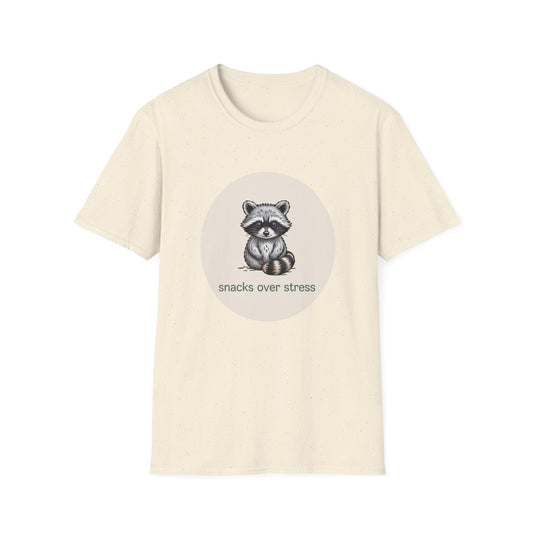 Adorable Raccoon "Snacks Over Stress" T-Shirt - Hilarious Comfort Food Animal Lover Graphic Tee | Ultimate Cozy Gift