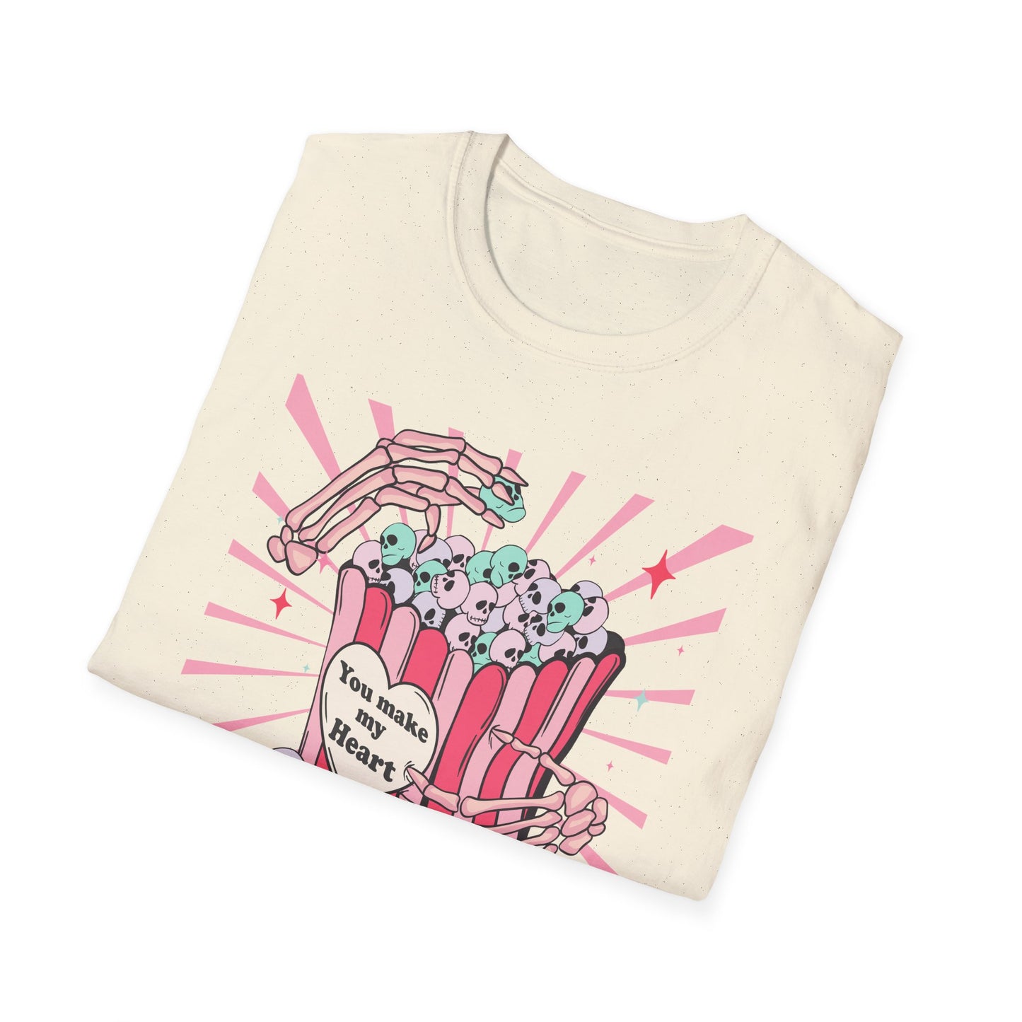 Spooky Sweet Skeleton 'You Make My Heart' T-Shirt | Pastel Goth Skull Popcorn Tee | Edgy Valentine's Day Gift for Unique Love