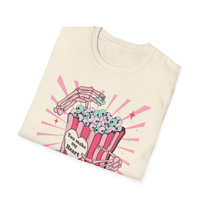 Spooky Sweet Skeleton 'You Make My Heart' T-Shirt | Pastel Goth Skull Popcorn Tee | Edgy Valentine's Day Gift for Unique Love