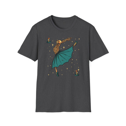 Enchanting Skeleton Ballerina T-Shirt | Mystical Dance Goth Tee | Unique Spooky Chic Apparel for Halloween & Beyond