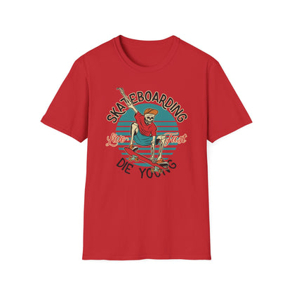 Cool Vintage Skeleton Skater T-Shirt | Live Fast Die Young Retro Skateboarding Graphic Tee for Extreme Fans
