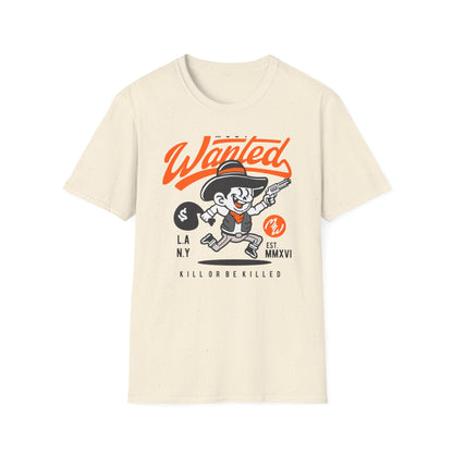 Most Wanted Urban Outlaw T-Shirt | Edgy Rebel Streetwear Tee with Cowboy, Gun & Money Bag Design. Unstoppable Style!