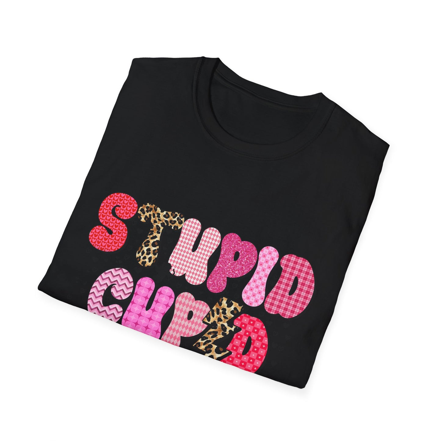 Edgy "Stupid Cupid" T-Shirt - Sarcastic Anti-Valentine's Day Tee with Retro Leopard & Glitter Patterns