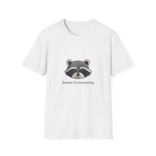 Adorable Embroidered-Style Raccoon T-Shirt - Hilarious "Snacks Fix Everything" Tee for Animal & Food Lovers!