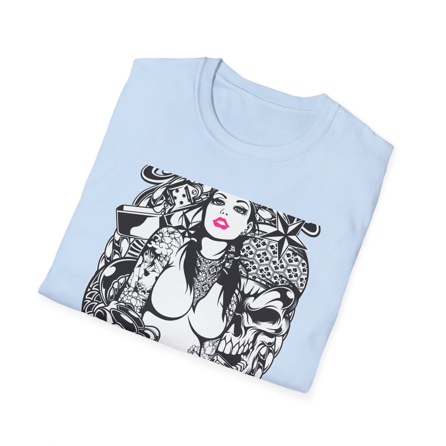 Bold Tattoo Girl & Skull Graphic T-Shirt | Edgy Urban Streetwear | Dice & Star Statement Tee - Unleash Your Rebel Style!
