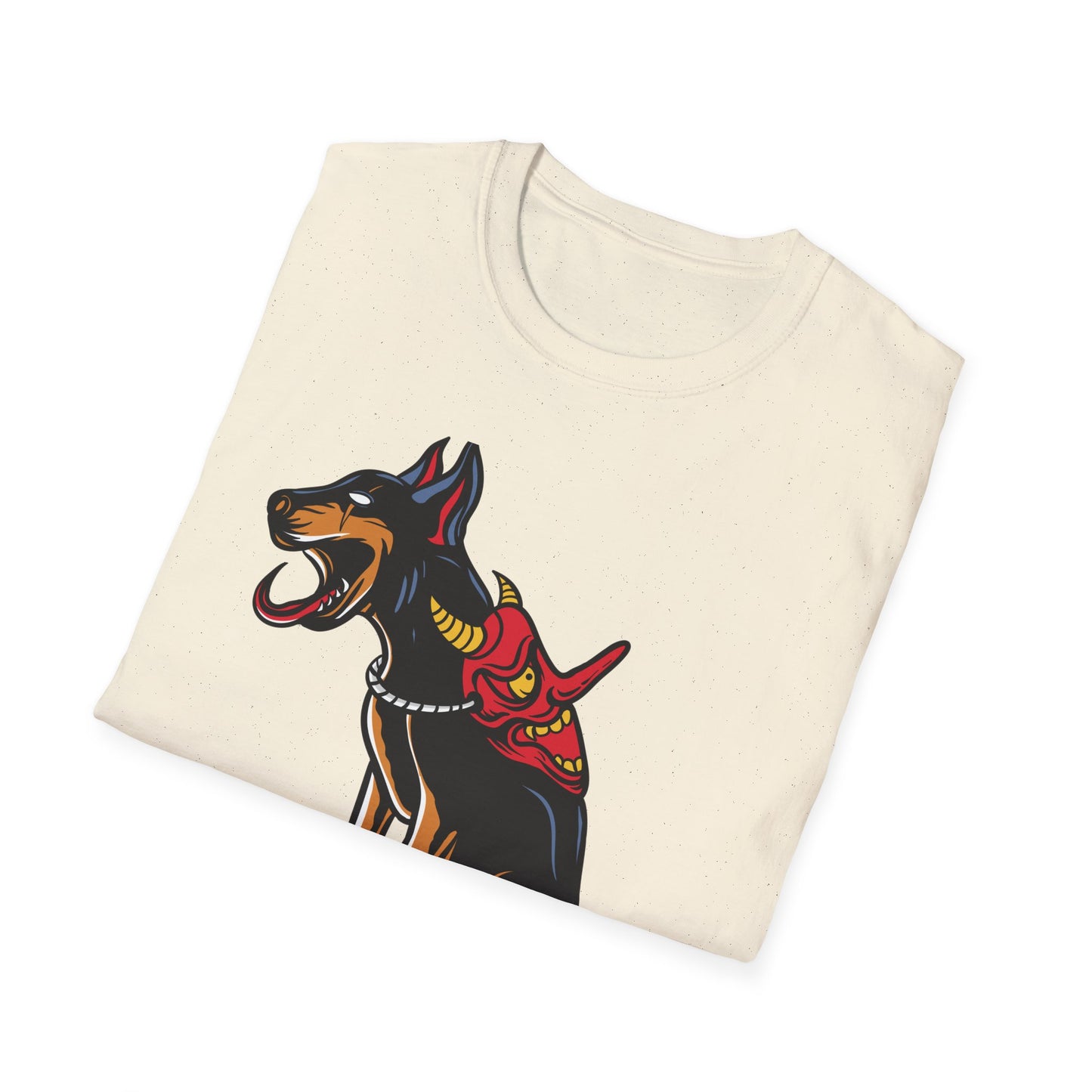 Fierce Doberman Hannya Mask T-Shirt: Epic Japanese Demon Dog Design. Bold Statement Tee for Edgy Dog Lovers & Culture Fans.