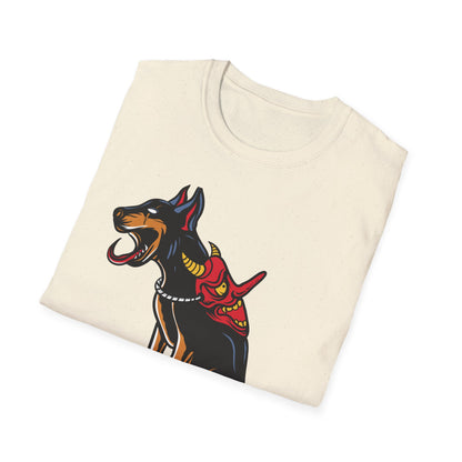 Fierce Doberman Hannya Mask T-Shirt: Epic Japanese Demon Dog Design. Bold Statement Tee for Edgy Dog Lovers & Culture Fans.