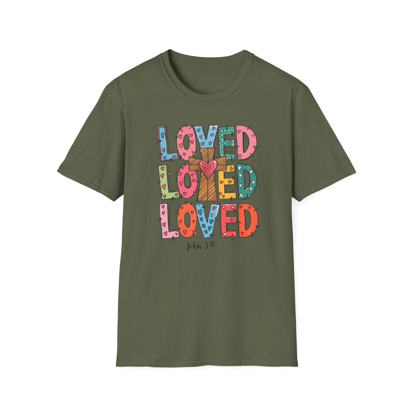 Vibrant Loved John 3:16 T-Shirt | Christian Faith Cross Hearts Tee | Uplifting Scripture Apparel for Women & Believers