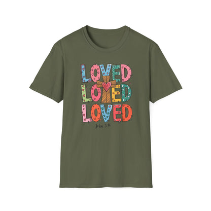 Vibrant Loved John 3:16 T-Shirt | Christian Faith Cross Hearts Tee | Uplifting Scripture Apparel for Women & Believers