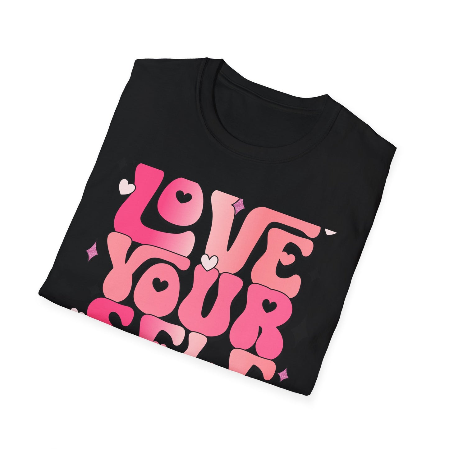Groovy "Love Yourself" T-Shirt | Pink Retro Self-Love Tee with Hearts & Sparkles | Empowering & Chic Women's Affirmation Top