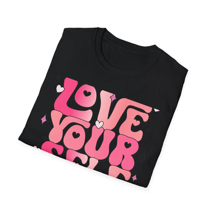 Groovy "Love Yourself" T-Shirt | Pink Retro Self-Love Tee with Hearts & Sparkles | Empowering & Chic Women's Affirmation Top