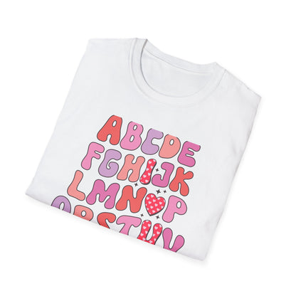 Vibrant Groovy Alphabet T-Shirt | Cute Heart Letter Retro Aesthetic Tee | Fun Teacher & Valentine's Day Gift