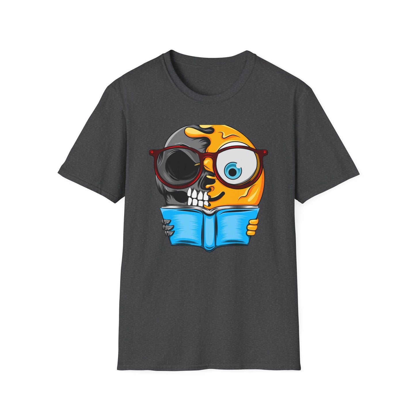 Clever Duality T-Shirt: Smart Skull & Emoji Bookworm Reader Tee for Unique Minds. Striking Graphic Top Gift.