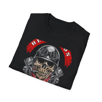 Epic Biker Skull T-Shirt: Hellroads Garage Full Throttle Design - Vintage Mechanic & Hot Rod Tee