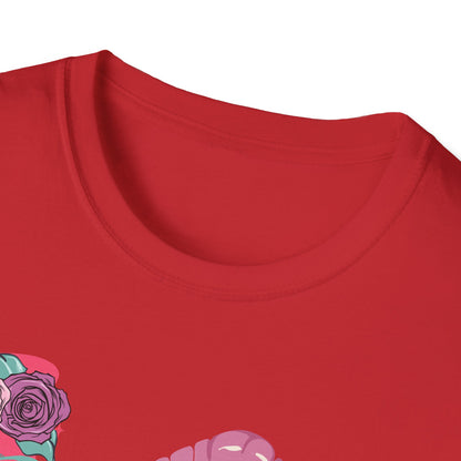 Edgy Pink Grunge T-Shirt: Skull Kiss, Peace Skeleton Hand, Roses & Heart Initial 'E' Design. Trendy Alt Fashion Tee.