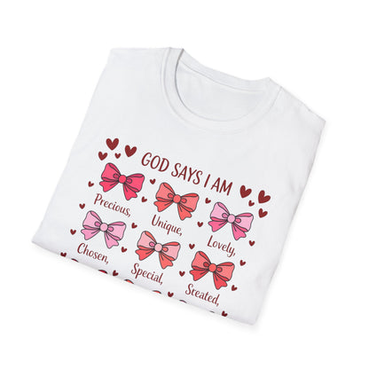 Empowering God Says I Am T-Shirt | Divine Christian Affirmation Tee for Women & Girls with Cute Bows & Hearts
