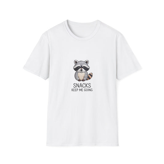 Adorable Raccoon 'Snacks Keep Me Going' T-Shirt | Funny Animal Lover Tee & Foodie Gift | Cute & Cozy Must-Have Apparel