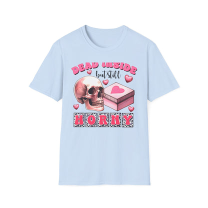 Awesome Dead Inside But Horny T-Shirt | Edgy Skull & Pink Hearts Tee | Sarcastic Valentine's Humor Gift