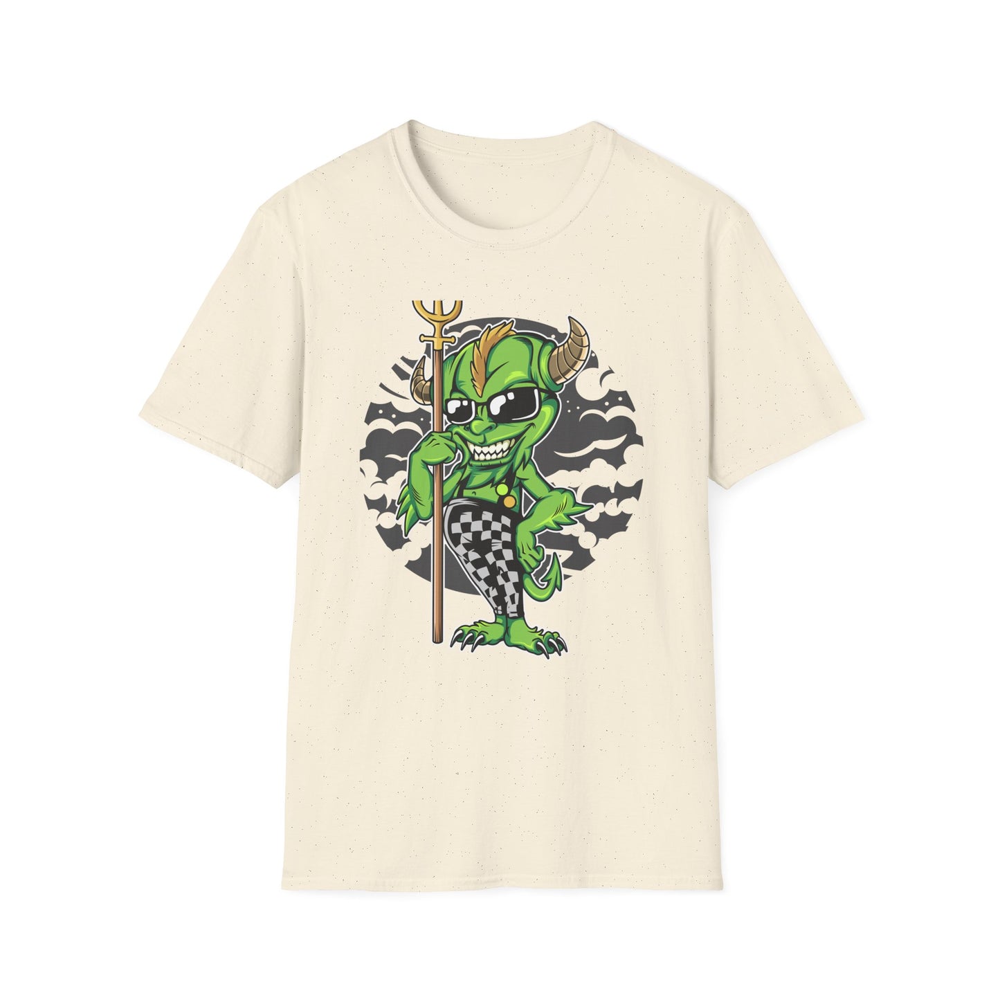 Wicked Mischievous Green Imp T-Shirt | Cool Cartoon Devil with Trident & Checkered Pants | Edgy Graphic Tee