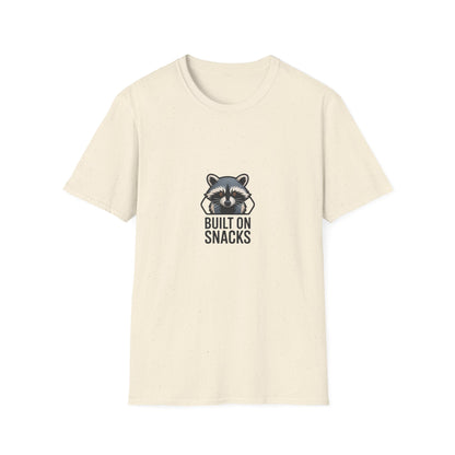 Hilarious Raccoon 'Built On Snacks' T-Shirt | Funny Animal Foodie Tee | Awesome Snack Lover Gift