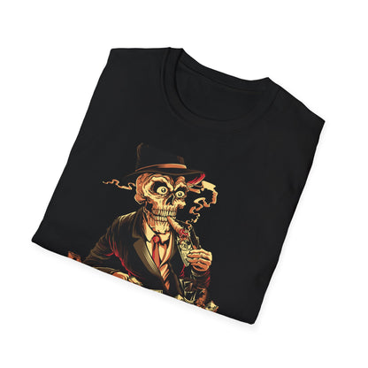 Epic Billionaire Skeleton T-Shirt: Dapper Skull, Money Stacks & Burning Dollar Cigar - Ultimate Hustle Tee