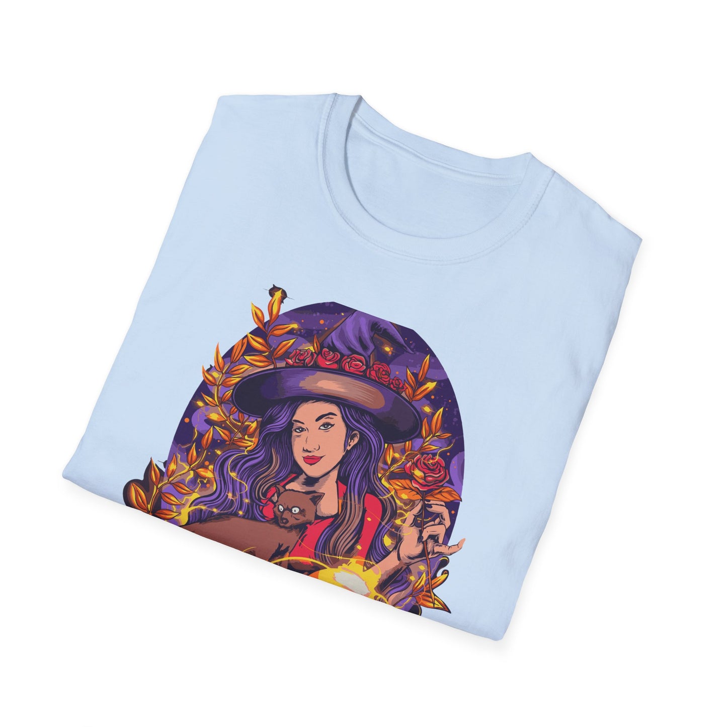 Enchanting Mystical Witch T-Shirt | Women's Fantasy Magic Tee with Cat, Crystal Ball & Roses | Awesome Gift