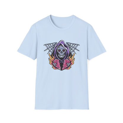Striking Grim Reaper Broken Heart T-Shirt | Edgy Skull & Flames Tee | Gothic Macabre Streetwear | Bold & Unique Style