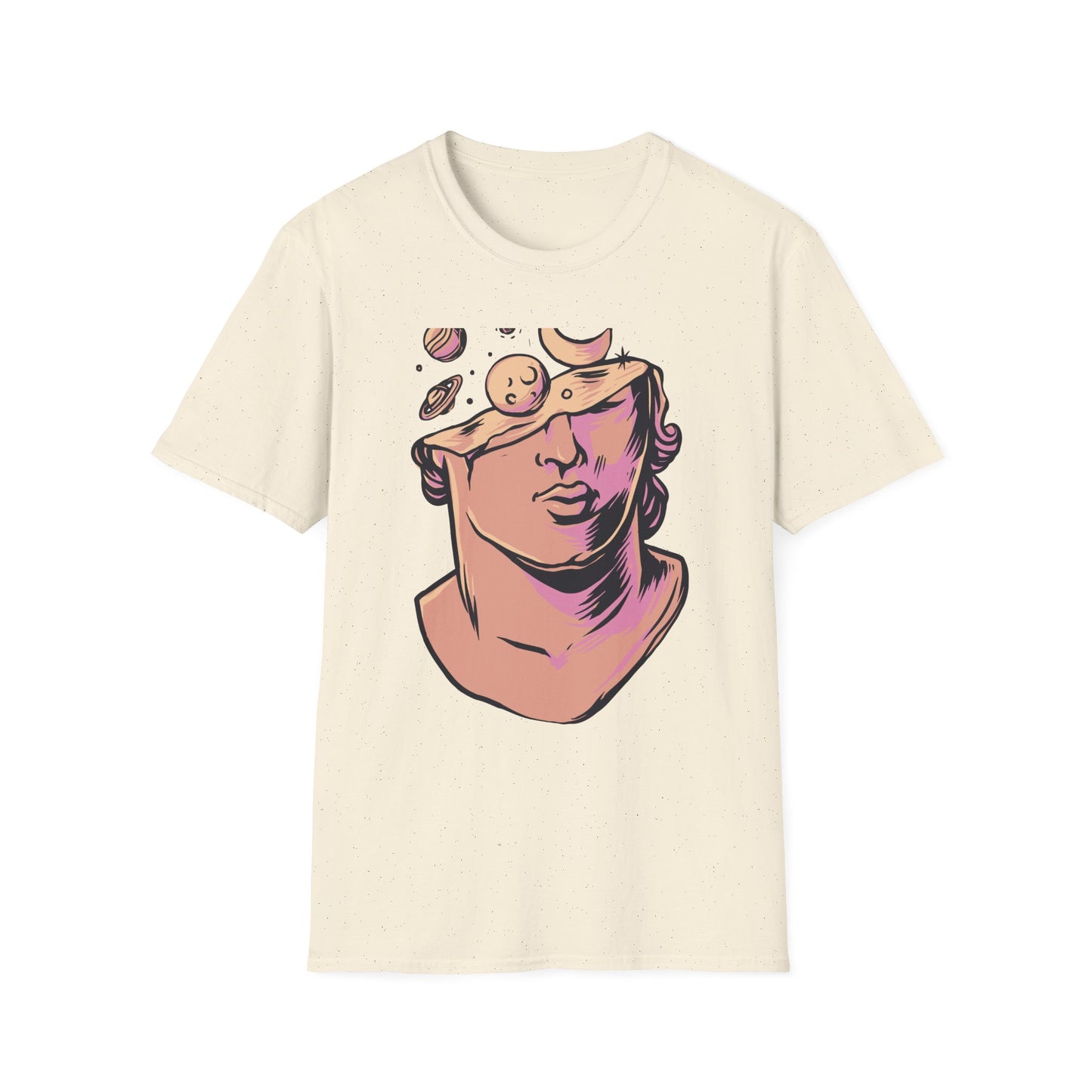 Explore Your Mind's Universe: Celestial Greek Bust T-Shirt | Artistic Cosmic Thoughts Graphic Tee | Unique Planet & Moon Design for Thinkers