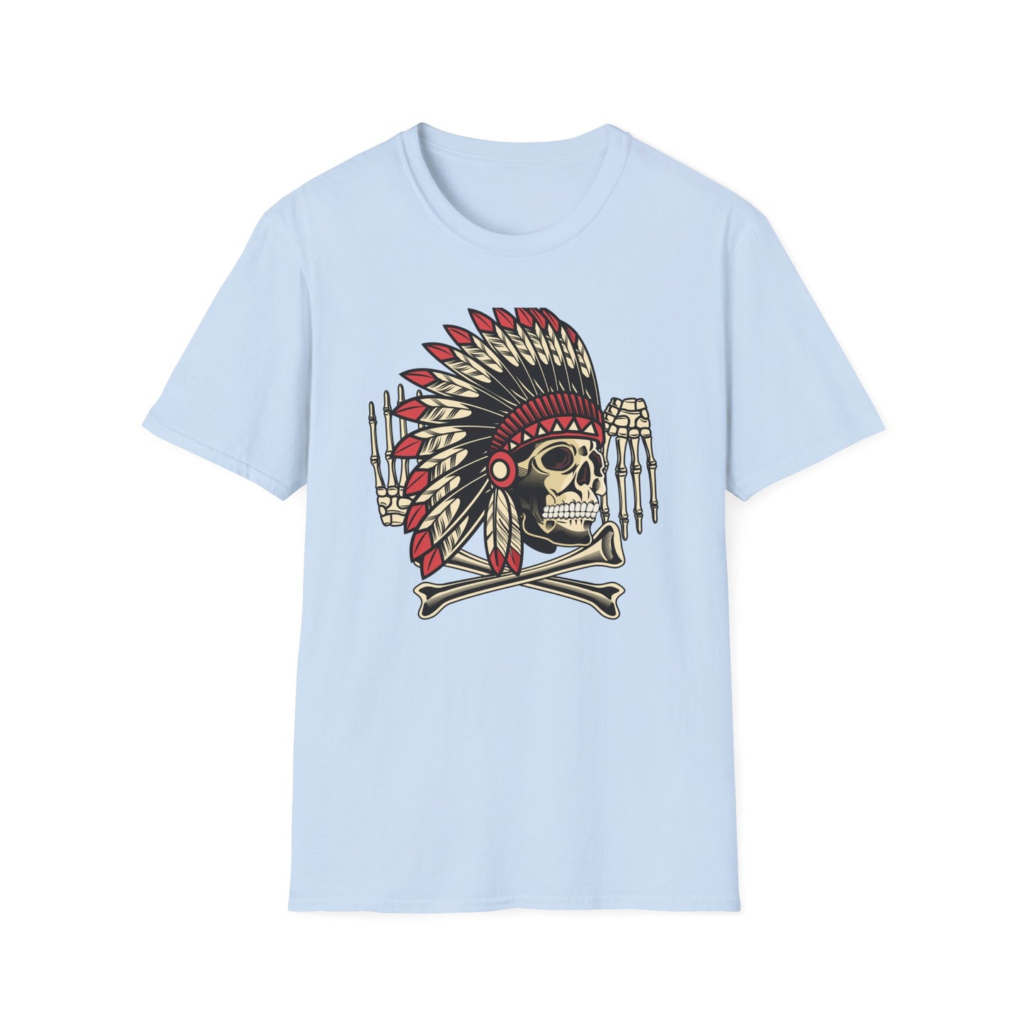 Striking Native Chief Skull Headdress T-Shirt - Unique Gothic Biker Tattoo Art Apparel for Rebel Souls