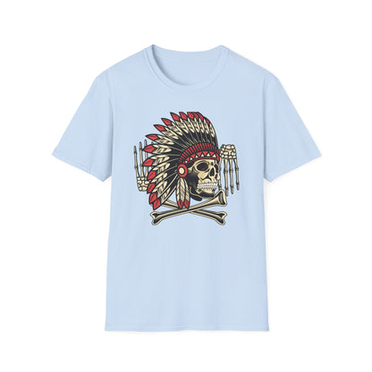 Striking Native Chief Skull Headdress T-Shirt - Unique Gothic Biker Tattoo Art Apparel for Rebel Souls