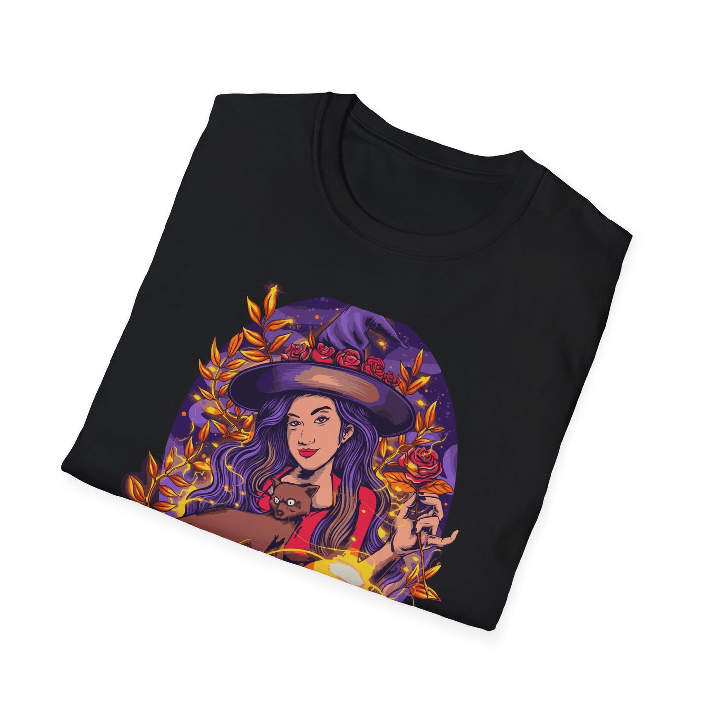 Enchanting Mystical Witch T-Shirt | Women's Fantasy Magic Tee with Cat, Crystal Ball & Roses | Awesome Gift