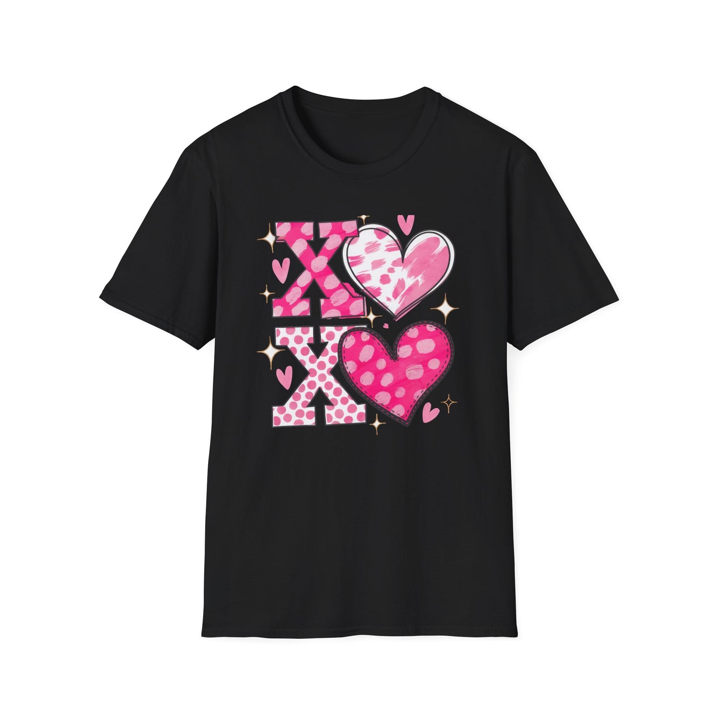 Sparkling XOXO Love Hearts T-Shirt | Chic Pink Polka Dot & Brushstroke Tee | Perfect Valentine's Day & Everyday Wear